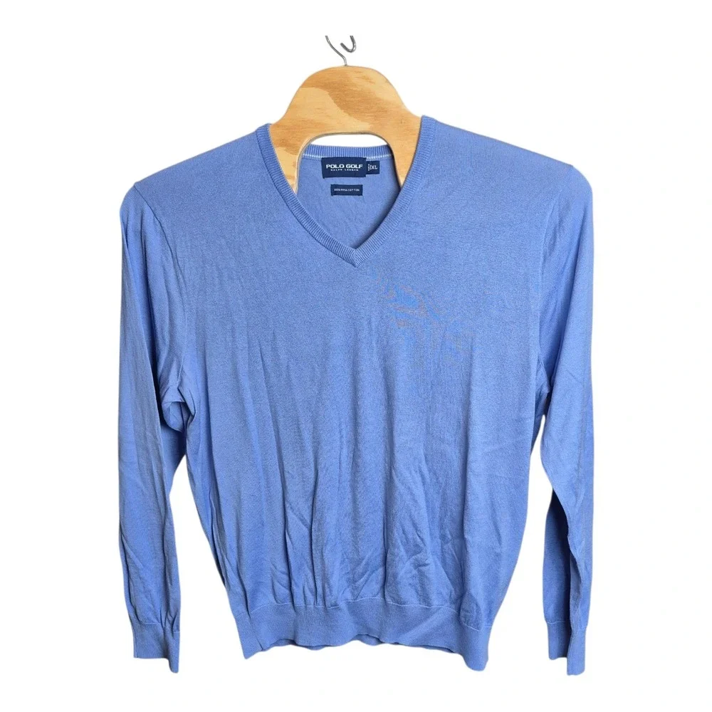 Polo Golf Ralph Lauren‎ V-Neck Sweater 100% Pima Cotton Blue Pullover Men's XL